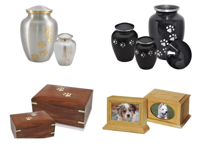Pewter and slate metal urns, a rosewood pawprint box and a pine picture box